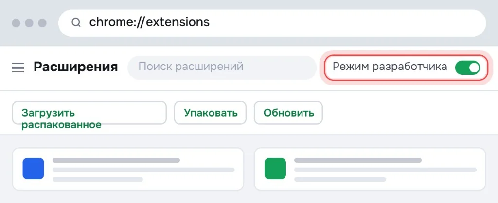 Включённый переключатель «Режим разработчика»